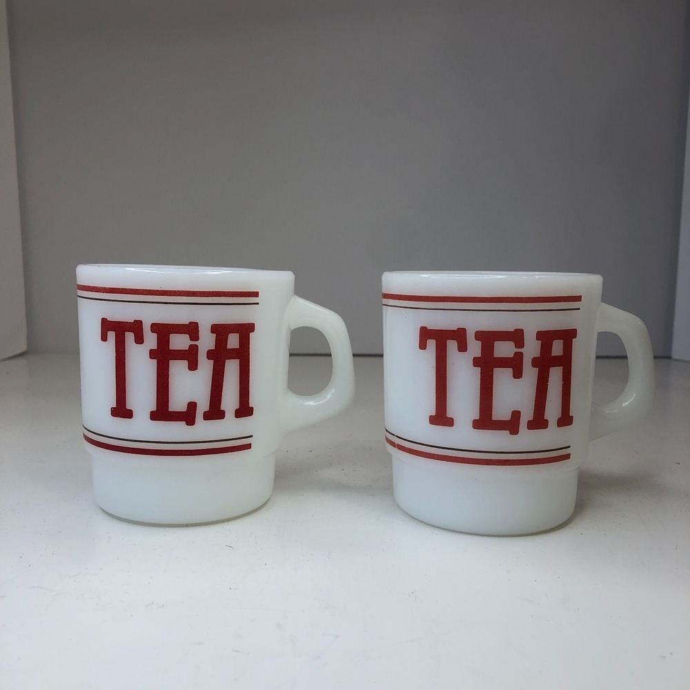 VTG MCM Mug Set Termocrisa Mexico Milk Glass Red "Tea" Writing Stackable READ